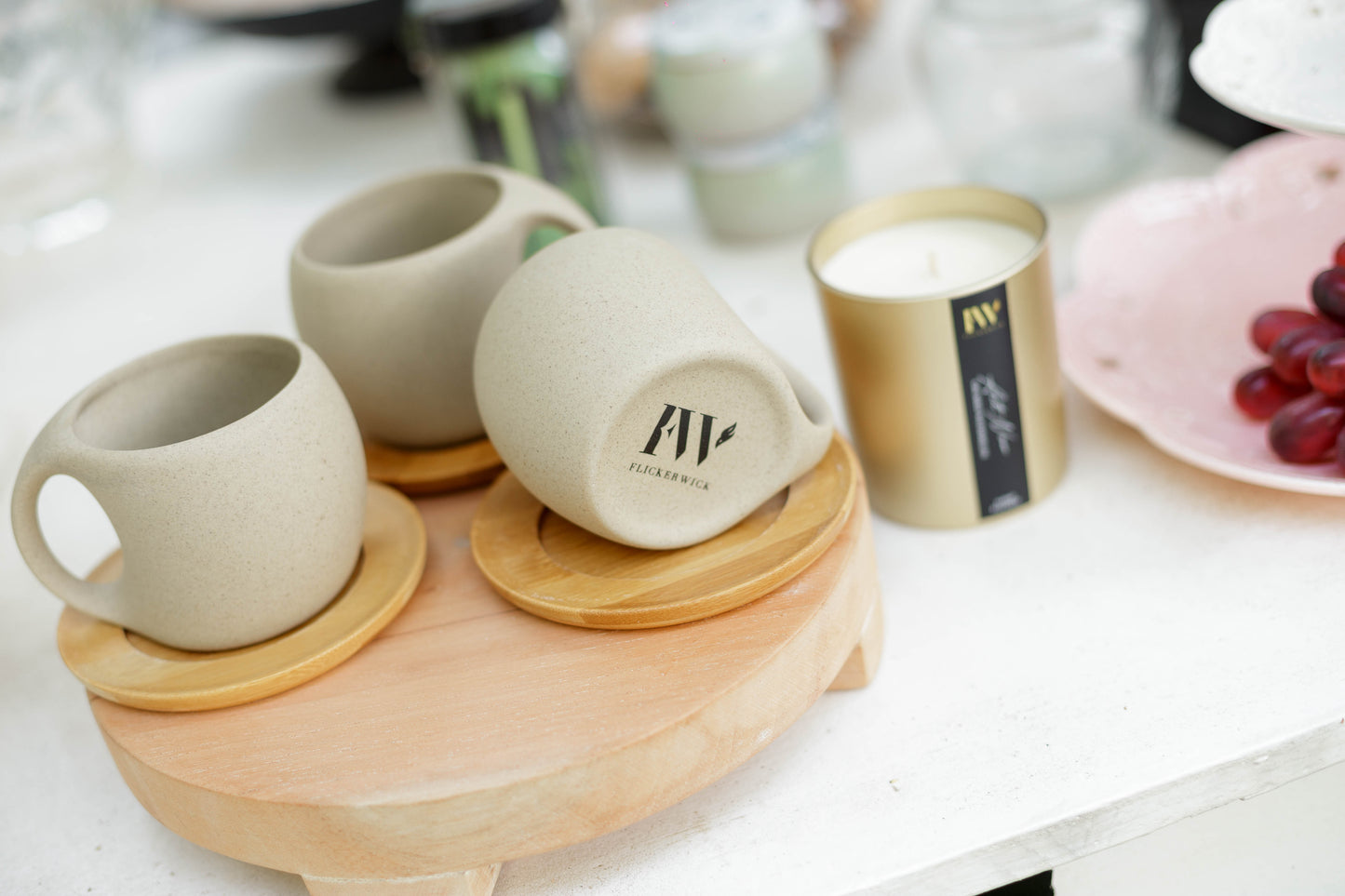 Ceramic teacup and wooden saucer